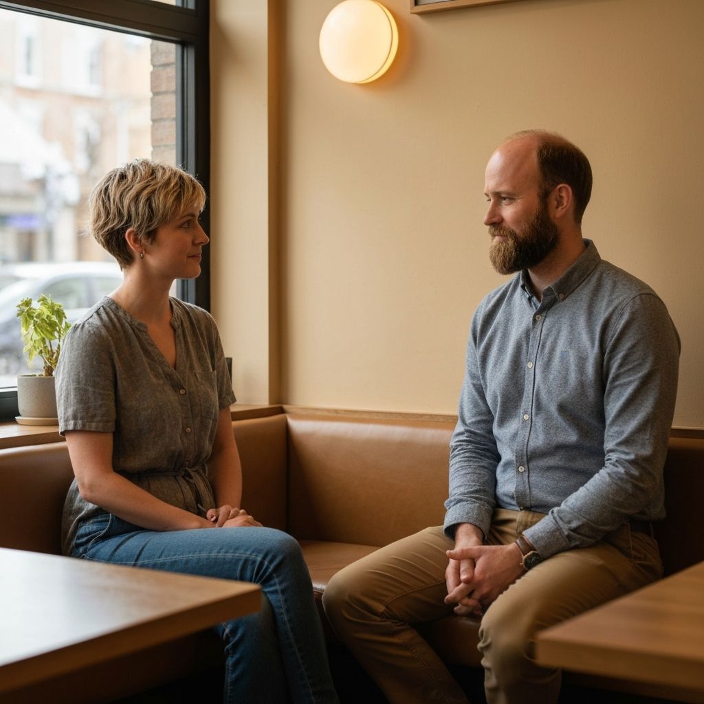 Two people engaged in respectful conversation demonstrating supportive mental health guidance and professional therapeutic communication